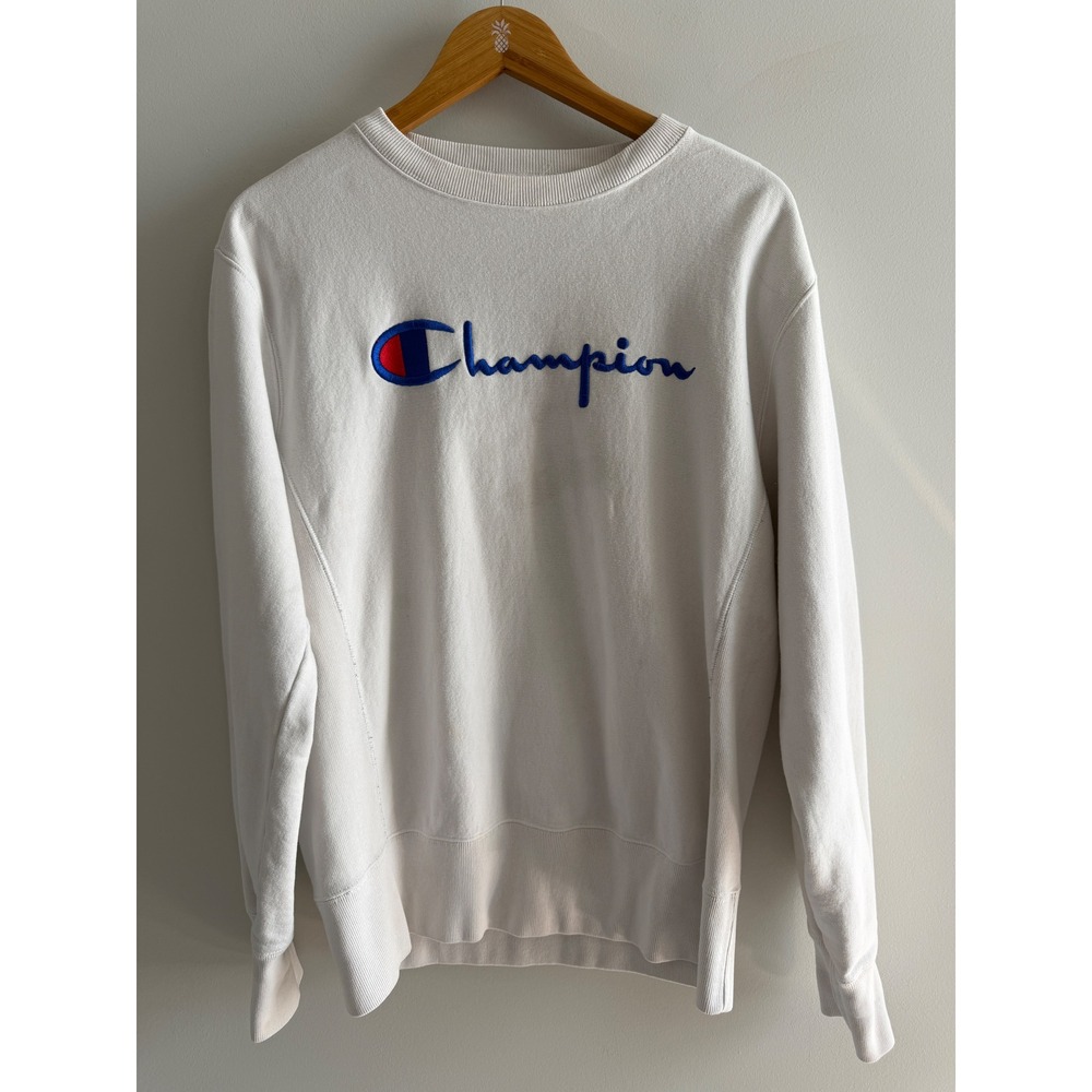 Champion Reverse Weave Sweatshirt White Script Logo Pullover XL